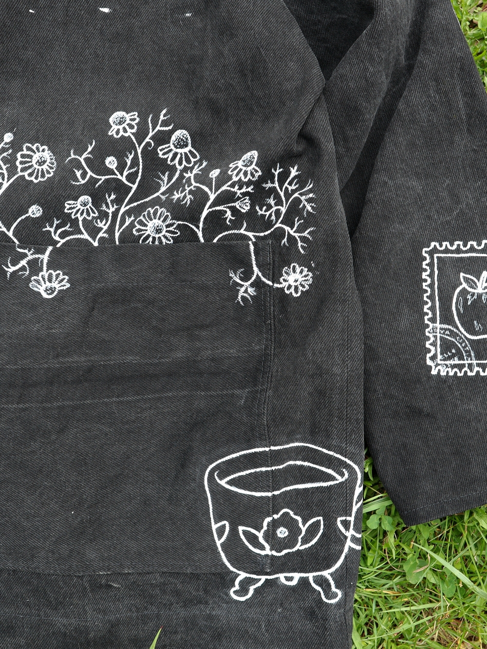 Upcycled Black Denim Jacket with White Folk Art Drawings L • XL - Picture 8 of 16